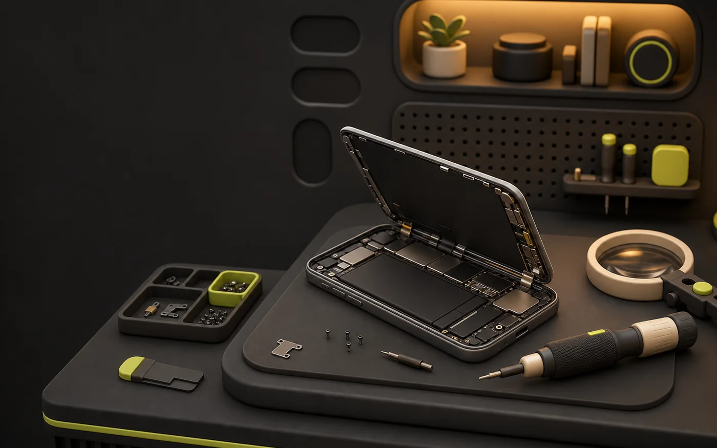 Technician carefully opening a damaged phone on an organised repair bench